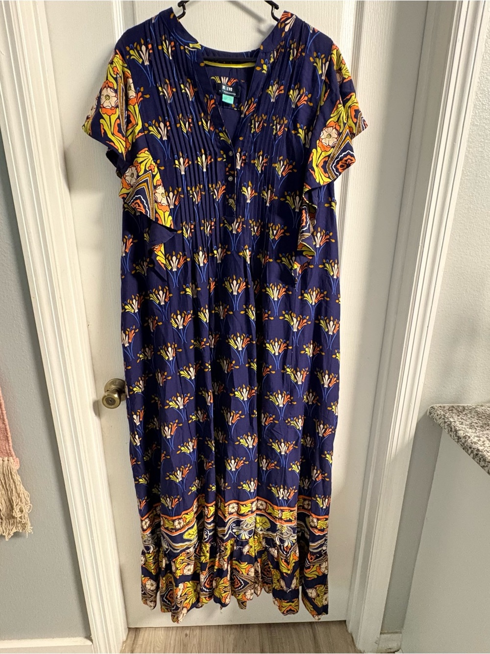 Anthropologie Maeve Navy Floral Border-Print Short-Sleeve Maxi Dress